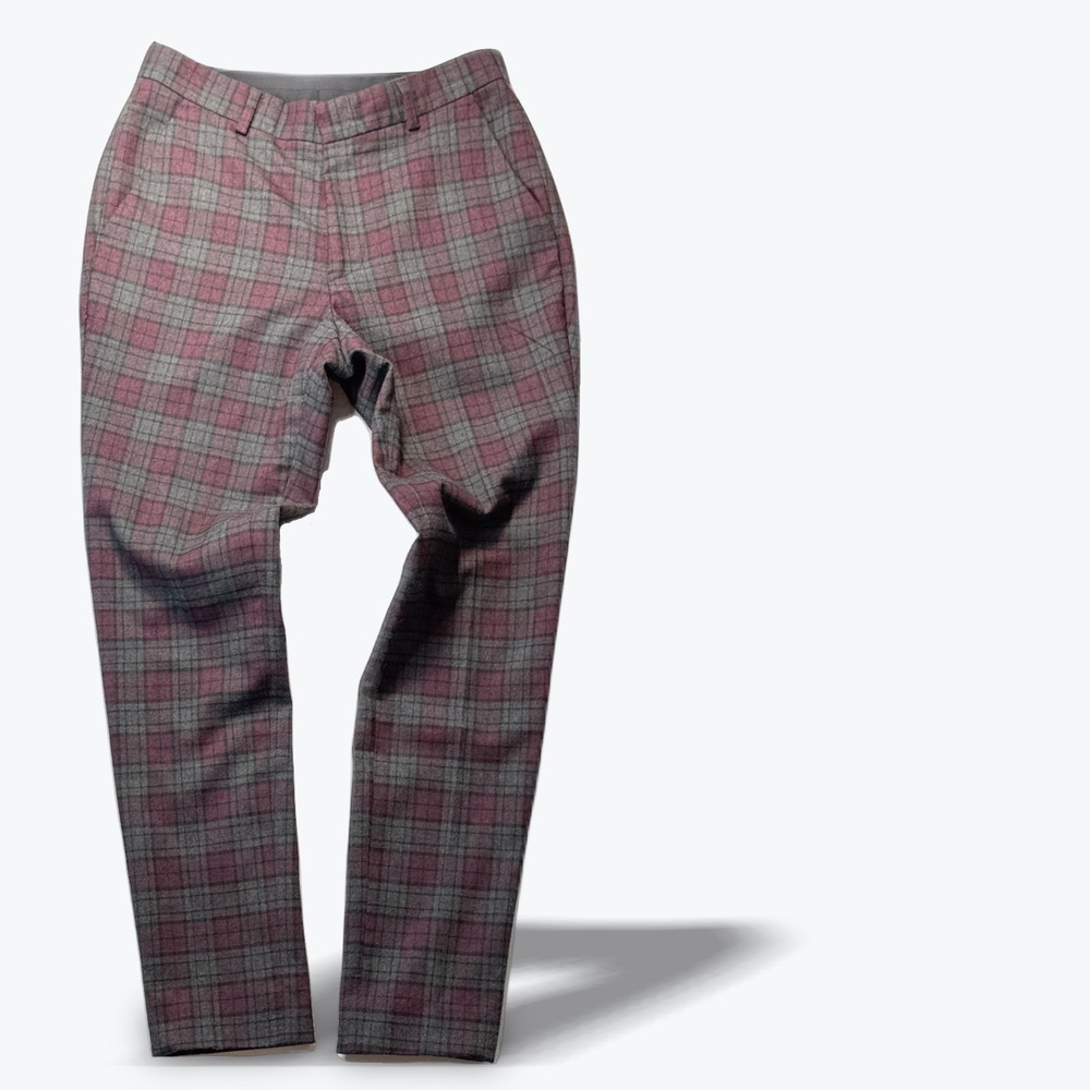 ASOS Plaid Trousers Slim Fit Burgundy Grey Check Dress Pants Size Fits 26 Waist